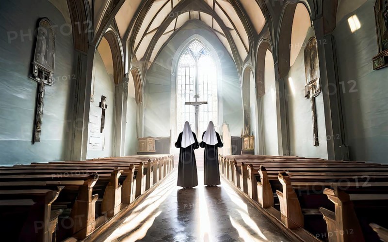 Two Catholic nuns during morning devotions in a chapel flooded with light, KI generated, AI generated