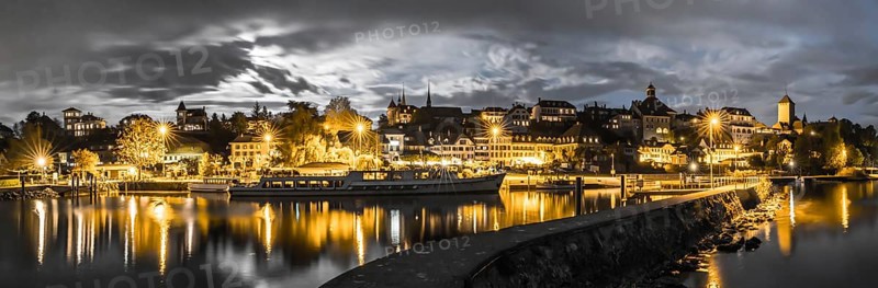 panorama view of the Swiss city Murten and harbor skyline at night under a full moon