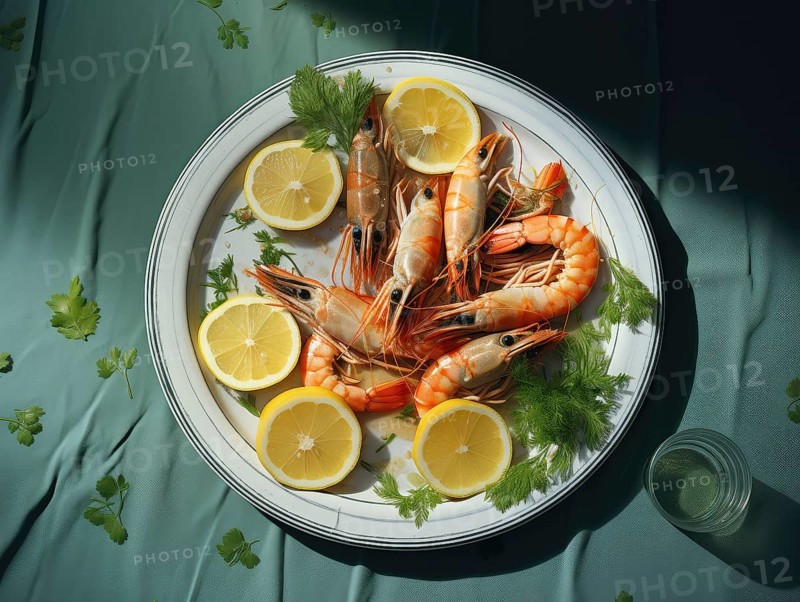 Fresh prawns, served on a plate with lemon and dill, KI generated, AI generated