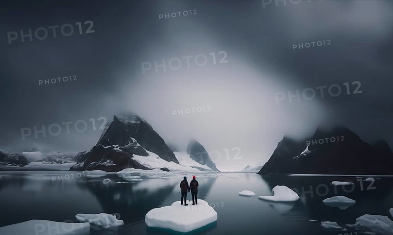 Two travelers with backpacks and winter clothes on an ice floe on a glacier in winter. Couple travels to Antarctica, AI generated