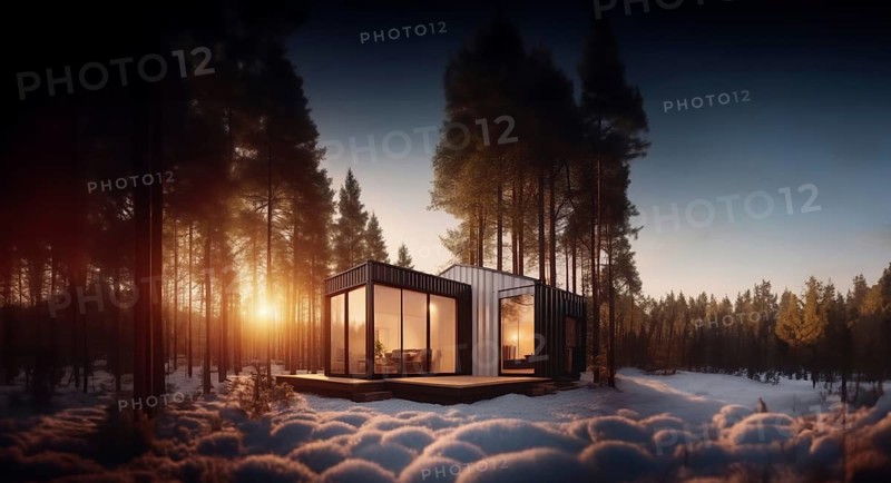Modular container house with glazing in the forest, secluded compact house, AI generated