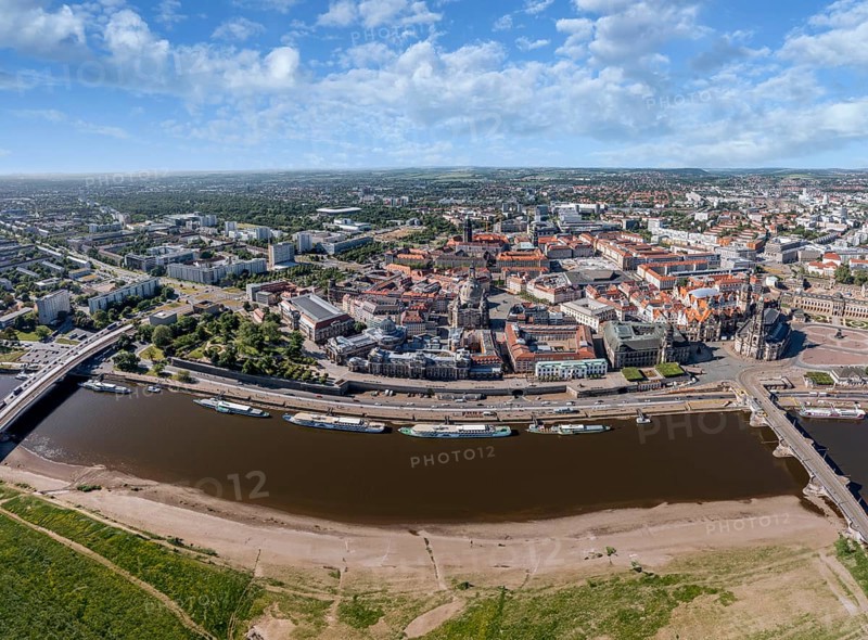 Large panorama drone shot, photo from above, aerial view, historical old town with sights, Neustädter Mart, Church of Our Lady, pier, ships, Elbe, bridges, Dresden, Saxony, Germany, KI generated, completed, AI generated, Europe