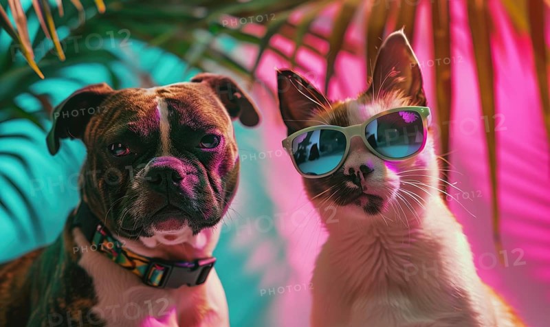 A dog and cat wearing sunglasses together under a tropical palm setting AI generated