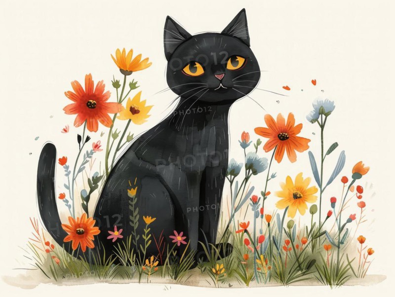 A peaceful black cat surrounded by a colorful array of wildflowers, ai generated, AI generated