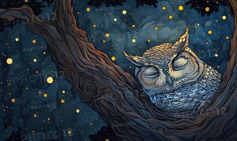 Marker drawing of a sleepy owl nestled in a tree hollow against a backdrop of twinkling stars AI generated