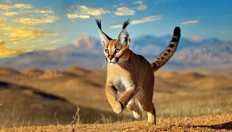 AI generated, animal, animals, mammal, mammals, biotope, habitat, one, individual, foraging, wildlife, Africa, South Africa, Asia, Central Asia, steppes, cat, cats, predator, caracal, desert lynx, caracal caracal), joie de vivre, jumps, hunting, Africa