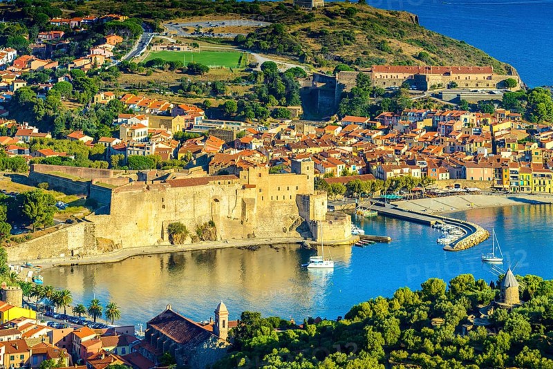 Landscape of Collioure city with harbor and sea at Occitanie in France