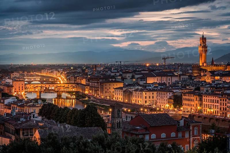 FLORENCE, TUSCANY/ITALY, OCTOBER 18 : Distant view of Palazzo Vecchio at dusk in Florence on October 18, 2019