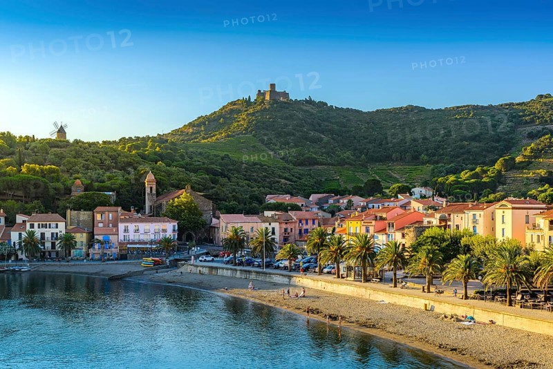 Collioure city and beach at morning at Occitanie in France