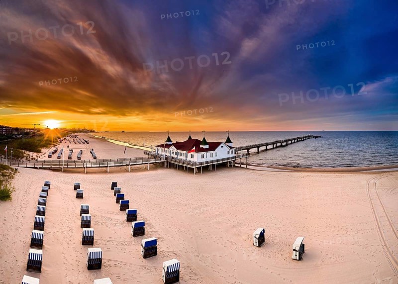 Drone view of famous old pier of Ahlbeck on island of Usedom in the baltic sea