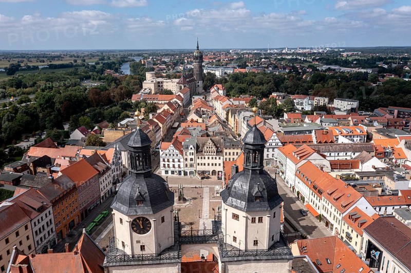 Drone shot, aerial view, drone photo, picture from above, historic town church St. Marien, view over the market place and half-timbered houses to the castle church, Luther city Wittenberg, Saxony-Anhalt, Germany, Europe