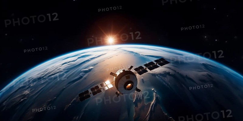 Satellite spacecraft in earth orbit in space, space monitoring concept, AI generated