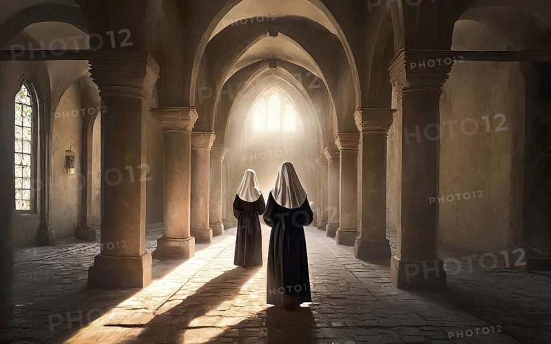 Two Catholic nuns stand devoutly in the archway of a convent, KI generated, AI generated