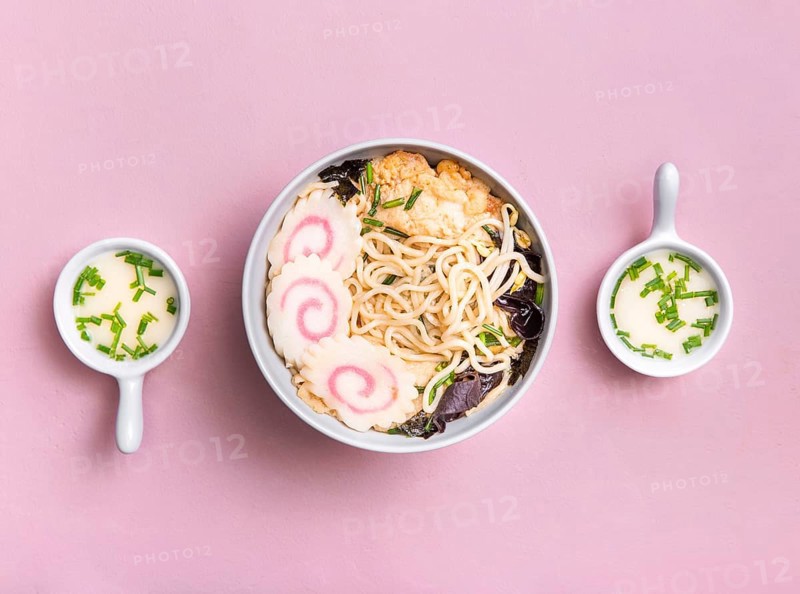 Flat lay ramen soup sauce