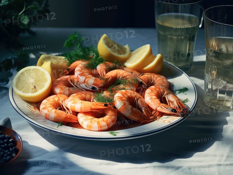 Fresh prawns, served on a plate with lemon and dill, wine glass, KI generated, AI generated