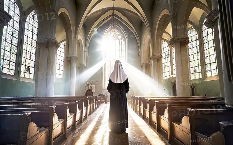 A Catholic nun at morning devotions in a chapel flooded with light, KI generated, AI generated