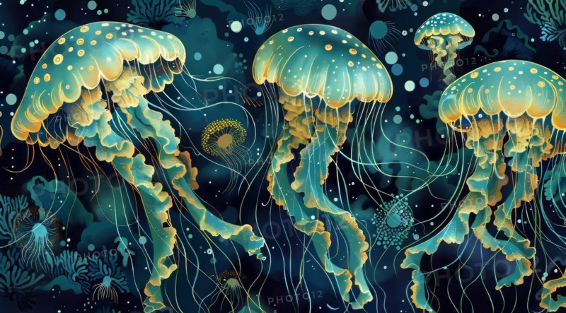 Illustration of golden glowing jellyfish in a dark teal aquatic environment, ai generated, AI generated