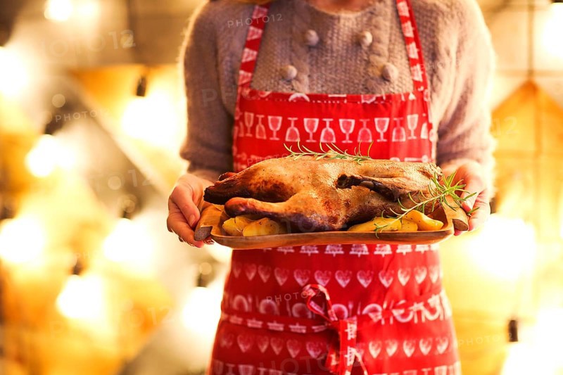 Roast duck and potato on wooden plate in womans hands. Christmas dinner