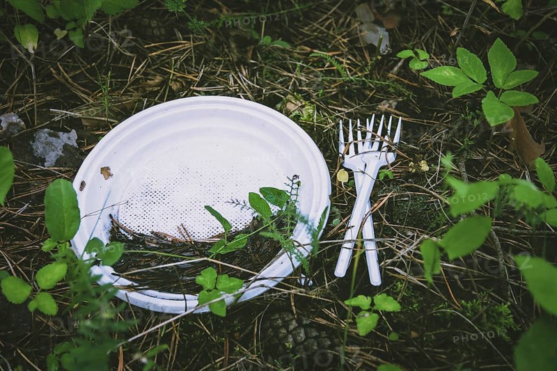 Plastic waste on the ground in forest, plate and fork left after a picnic