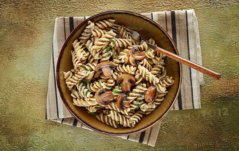 Fusilli pasta, in creamy mushroom sauce, pasta with mushrooms, homemade, no people