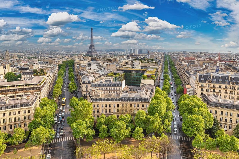 Paris France, high angle view, city skyline at Eiffel Tower view from Arc de Triomphe