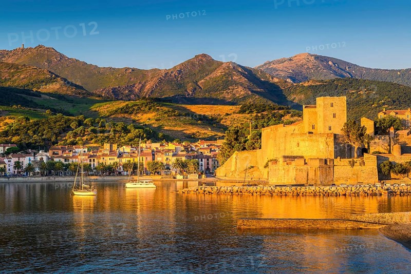 Medieval castle and boats at Collioure city at sunrise at Occitanie in France