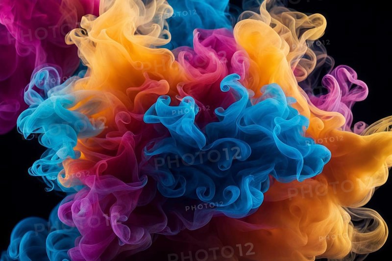 Vibrant blue, magenta, and orange smoke creating a dynamic abstract pattern, Color Smoke, AI generated
