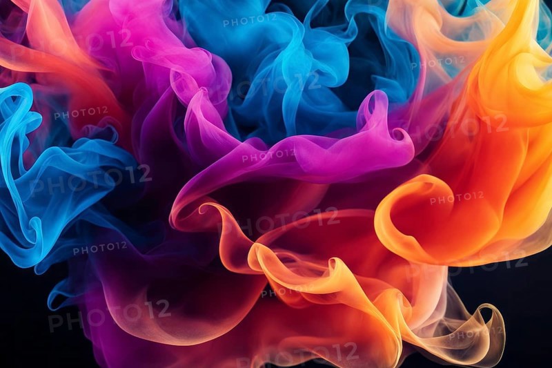 Vibrant abstract smoke-like fluid art on a black background, AI generated