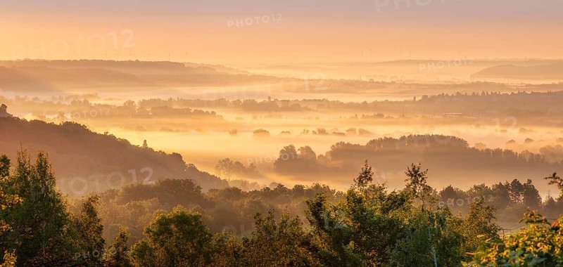 View into the Saale valley with morning fog at sunrise, Naumburg, Burgenlandkreis, Saxony-Anhalt, Germany, Europe