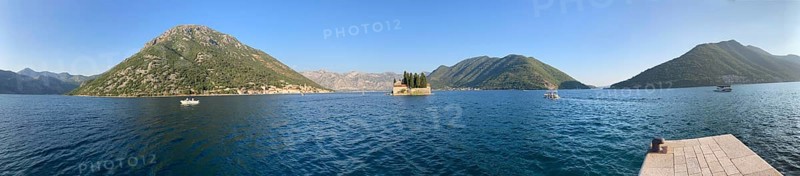 Panoramic view, view from the island of Maria from the Rock, Gospa od Skrpjela to Perast and the island of Sveti Dorde, World Natural and Cultural Heritage, Bay of Kotor, Mediterranean Sea, Adriatic Sea, Kotor, Montenegro, Europe