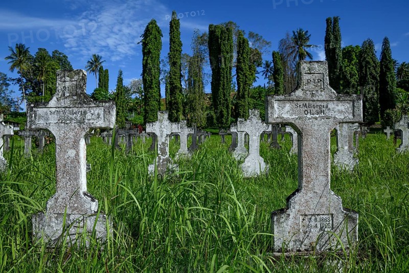 Graves on the cemetery of the Catholic mission of Vunapope, Kokopo, formerly Herbertshöhe, from 1899 to 1910 administrative seat of German New Guinea, East New Britain, Papua New Guinea, Oceania