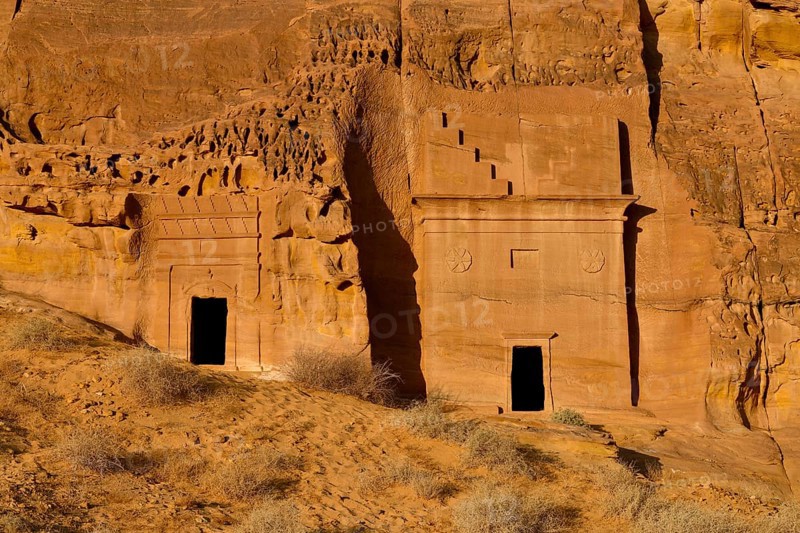 Nabataean tombs at Djabal Al-Ahmar in first daylight, Hegra or Madain Salih, AlUla region, Medina province, Saudi Arabia, Arabian Peninsula, Asia