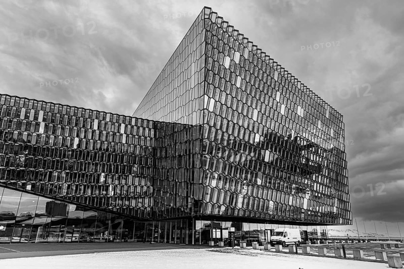 Façade of the Harpa Concert Hall and Congress Centre, black and white photo, Reykjavik, Reykjanes Peninsula, Sudurnes, Iceland, Europe
