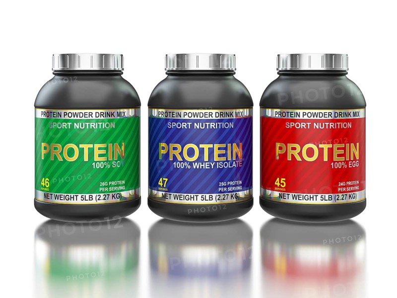 Sport nutrition, bodybuilding supplements, sport diet concept, whey isolate, soy and egg protein jar cans in line isolated on white background with reflection