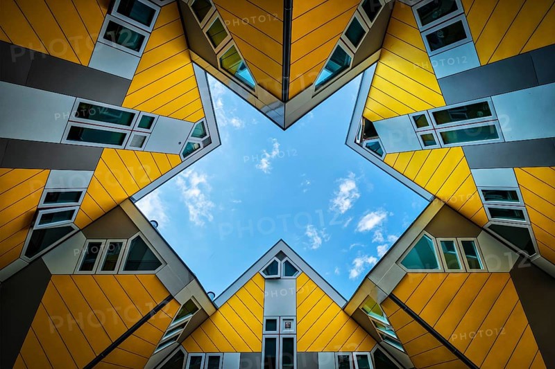 ROTTERDAM, NETHERLANDS, MAY 11, 2017: Cube houses, innovative cube-shaped houses designed by architect Piet Blom with idea to optimize space in Rotterdam, Netherlands now became a tourist attraction
