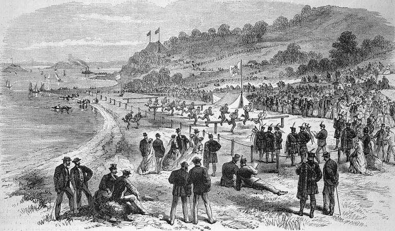 Games of the Caledonian club in San Francisco, emigrants from Scotland, 1869, America, Historic, digitally restored reproduction of an original 19th century artwork, exact original date unknown