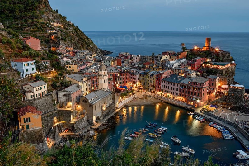 Vernazza fishing village, blue hour, Cinque Terre, La Spezia province, Liguria, Italy, Europe