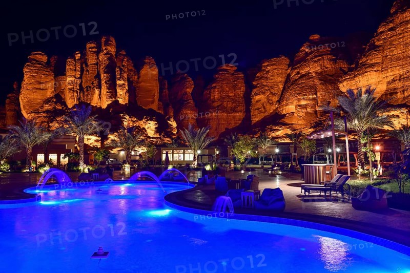Shaden Resort by night, AlUla, Medina Province, Saudi Arabia, Arabian Peninsula, Asia