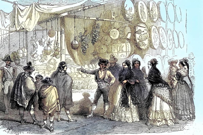 Fruit merchants and nougat traders at Christmas 1880 on the Plaza Mayor in Madrid, Spain, Historic, digitally restored reproduction of a 19th century original, Europe
