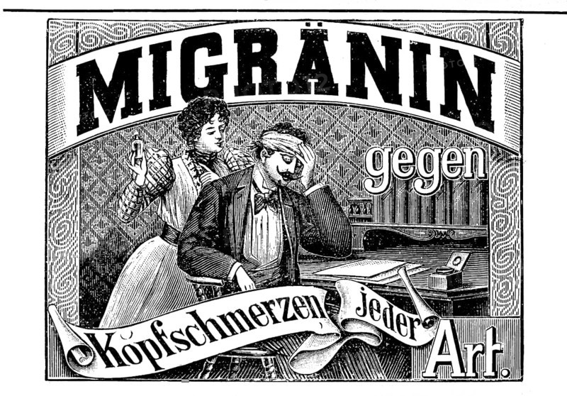 Advertisement for Migranin for headaches and migraines by Farbwerke Höchst, 1890, Germany, Historic, digitally restored reproduction of an original 19th century artwork, exact original date unknown, Europe