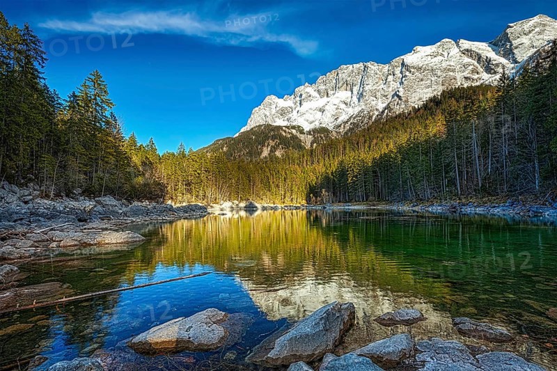Frillensee (small lake near Eibsee) and Zugspitze, the highest mountain in Germany