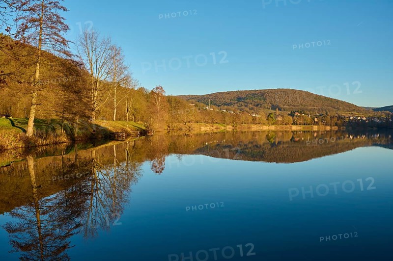 Lake at sunrise, Freudenberg am Main, Untermain, Spessart, Odenwald, Franconia, Baden-Württemberg, Germany, Europe