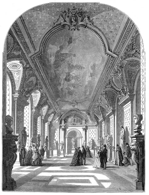 The Restoration at the Louvre, The New Hall of the Roman Emperors, at the Musée des Antiques, 1869, Paris, France, Historic, digitally restored reproduction of an original 19th century master, exact original date unknown, Europe