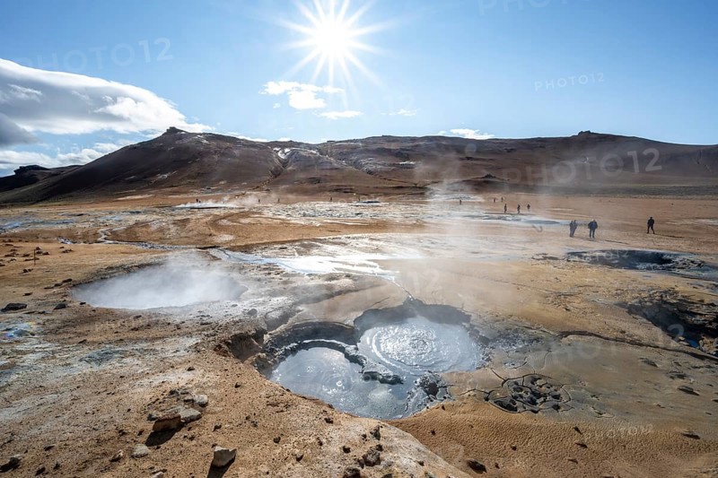Steaming hot springs, Hverarönd geothermal area, also Hverir or Namaskard, Star of the Sun, North Iceland, Iceland, Europe