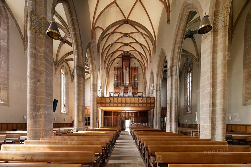 Nave and organ Church of St. Johannis, 15th century Gothic, Evangelical Lutheran parish church, three-nave pseudo-basilica, Martin-Luther Platz, Ansbach, Middle Franconia, Franconia, Bavaria, Germany, Europe