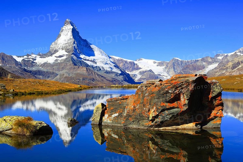 Matterhorn and mountain lake, Valais, Switzerland, Europe