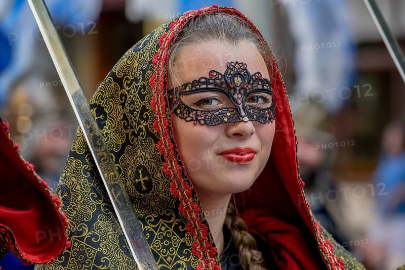 Woman in historic clothing, Moors and Christians Parade, Moros y Cristianos, Jijona or Xixona, Province of Alicante, Costa Blanca, Spain, Europe