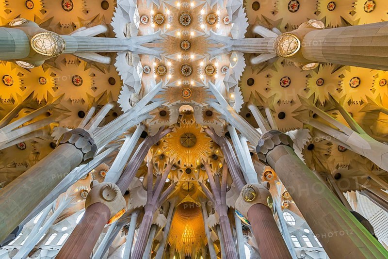 Interior view of the Familia Sagrada by the architect Antonio Gaudi in Barcelona, Spain, Europe