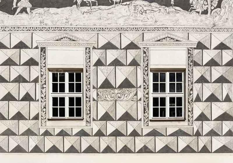Detail of sgraffito decoration on facade of the Knights, U Rytiru, house, Mikulov, Czech Republic, Europe