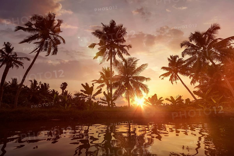 Kerala travel tourism background, Sunset on Kerala backwaters. Allepey, Kerala, India. Lens flare and light leak effect